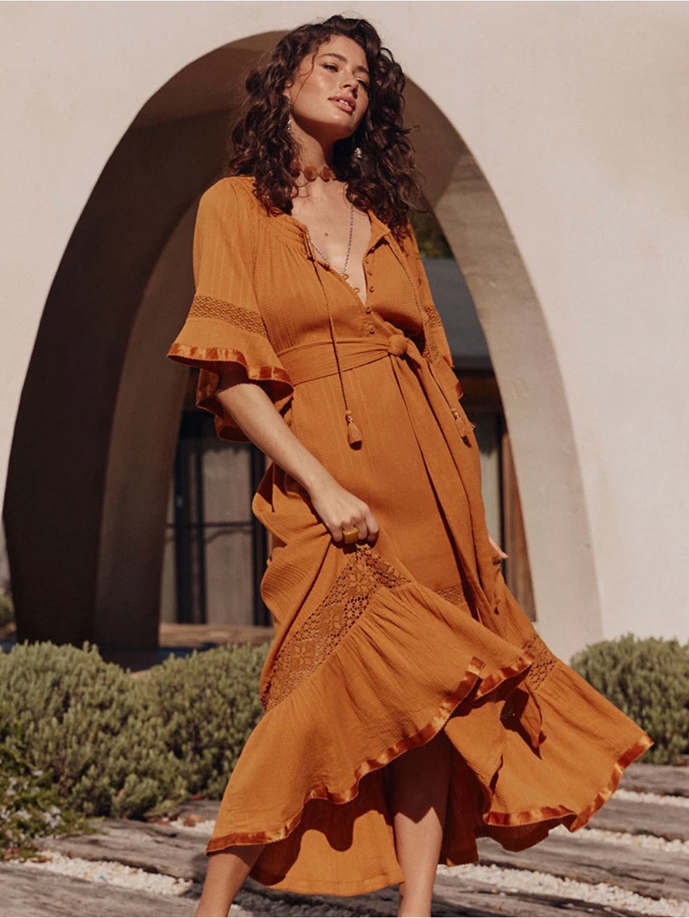 Spell Burnt Orange Tie-Waist High-Low Maxi Dress